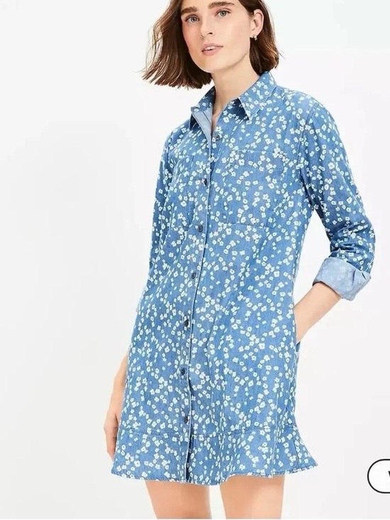 LOFT Dresses & Skirts - LOFT Retro Bloom Chambray Denim Mini Shirtdress with Pockets
